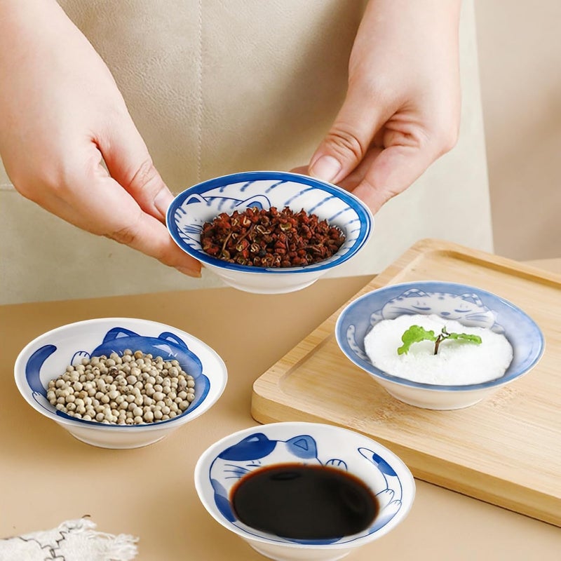 BigNoseDeer 4 Pcs 4 Inches Cute Cat Soy Sauce DishCeramic Cat BowlsJapanese Cat PlatesDipping BowlsSnack DishSmall Ceramic Saucers Plates Sushi Plate Set Mini Bowls Small Bowls for Sides Dish 4 Inch - Image 5