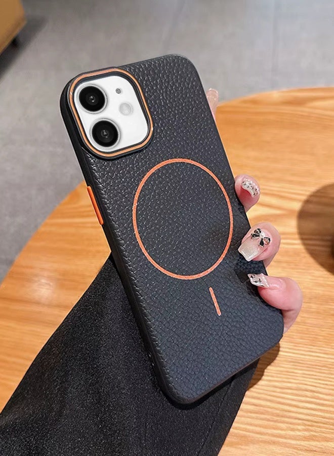 Magsafe Phone Case For iPhone 11 With High Quality Rubber Frame And Slim Lychee Pattern Leather Case with Camera Lens Protection Shockproof Cover And support wireless Charging Leather Cover for iPhone 11 - Black  - Image 2