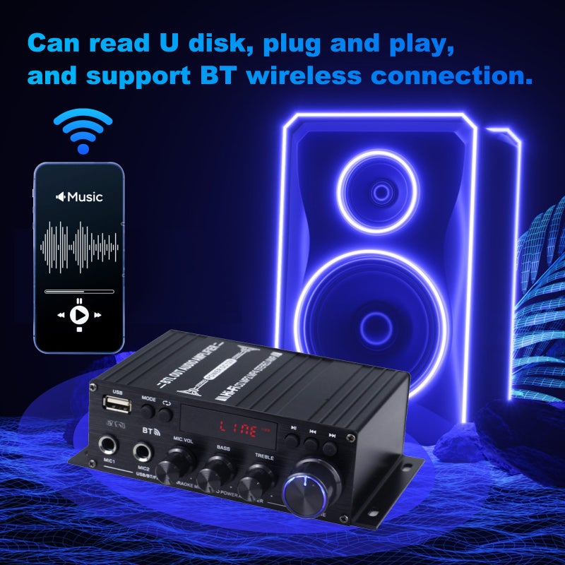 Mini Audio Power Amplifier 2CH 40W+40W for Car Home Use BT Digital Audio Receiver AMP U Disk Digital MP3 Player FM Radio LCD Display Dual Mic Input with Remote Control - Image 4