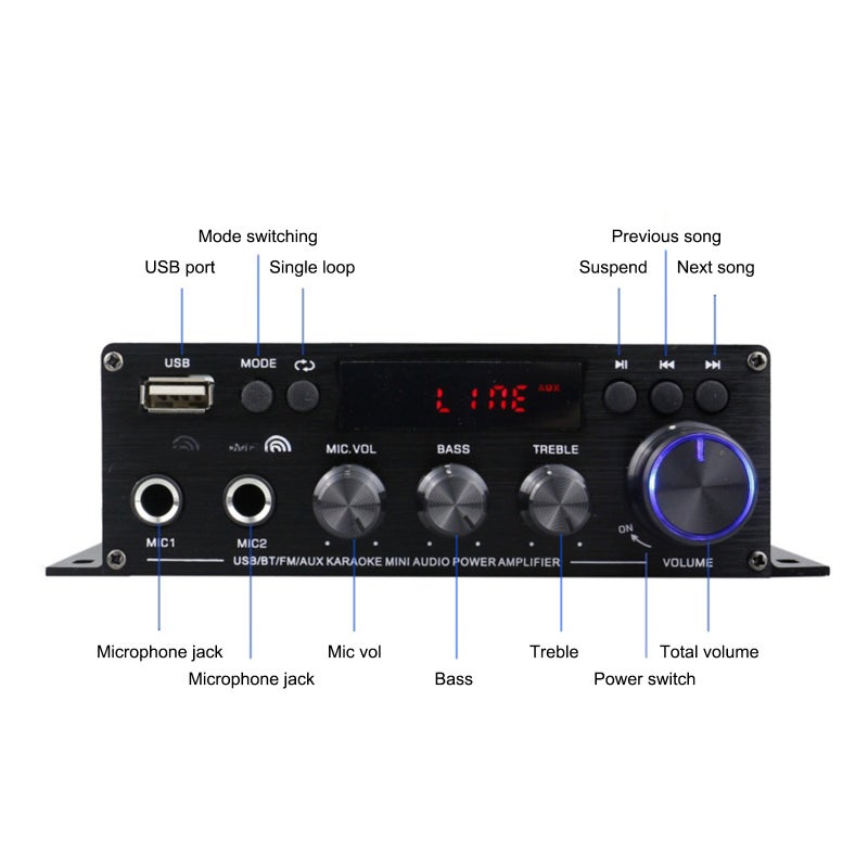 Mini Audio Power Amplifier 2CH 40W+40W for Car Home Use BT Digital Audio Receiver AMP U Disk Digital MP3 Player FM Radio LCD Display Dual Mic Input with Remote Control - Image 5