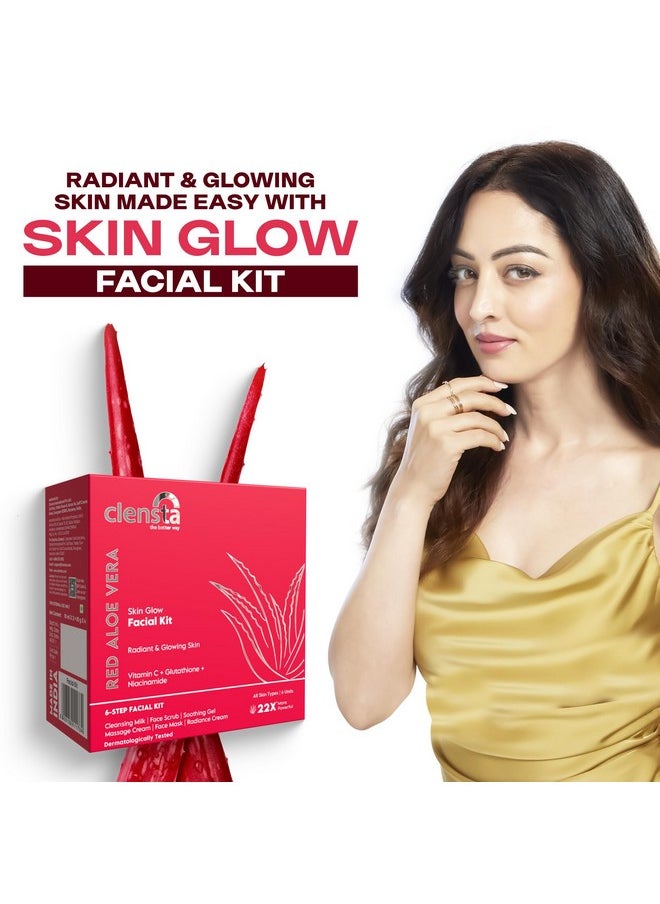 Clensta - Red Aloe Vera Skin Glow Facial Kit For Women & Men, With Vitamin C, Glutathione & Niacinamide For Brightening, Radiant, Reduces Dullness For All Skin Types | Size - 10 X 6Gm | New Launch - Image 1