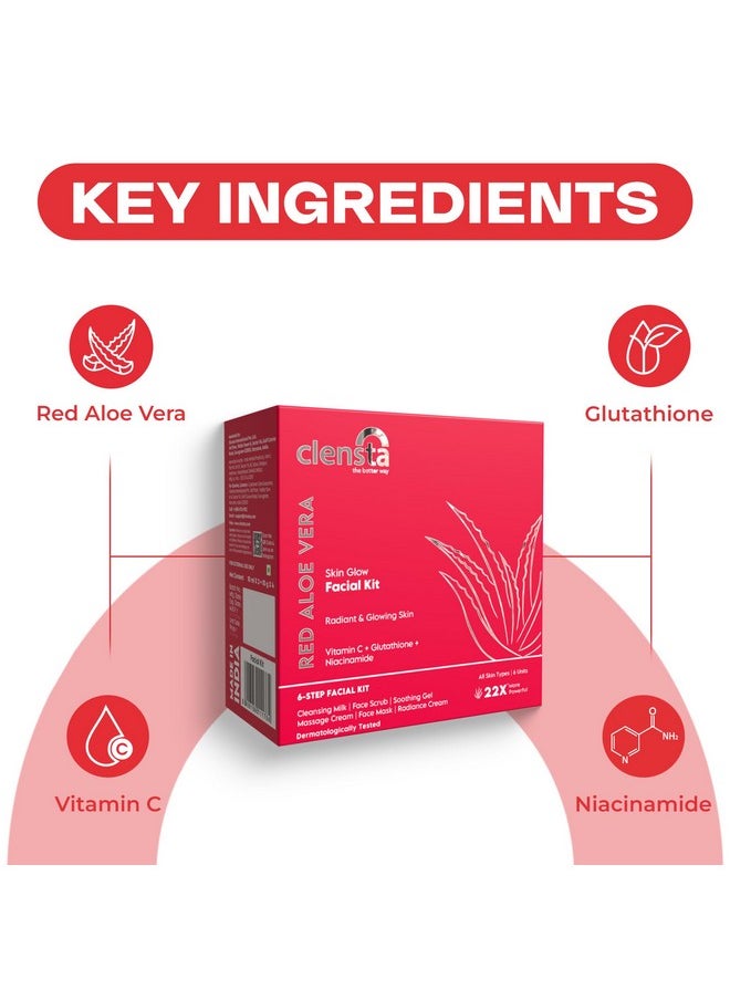 Clensta - Red Aloe Vera Skin Glow Facial Kit For Women & Men, With Vitamin C, Glutathione & Niacinamide For Brightening, Radiant, Reduces Dullness For All Skin Types | Size - 10 X 6Gm | New Launch - Image 1