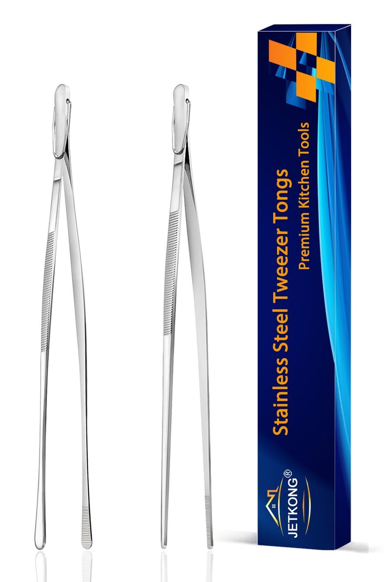 JETKONG 2 Pcs 9-Inch Kitchen Tweezers Cooking Tweezers Stainless Steel Tweezers Tongs (Silver) - Image 1