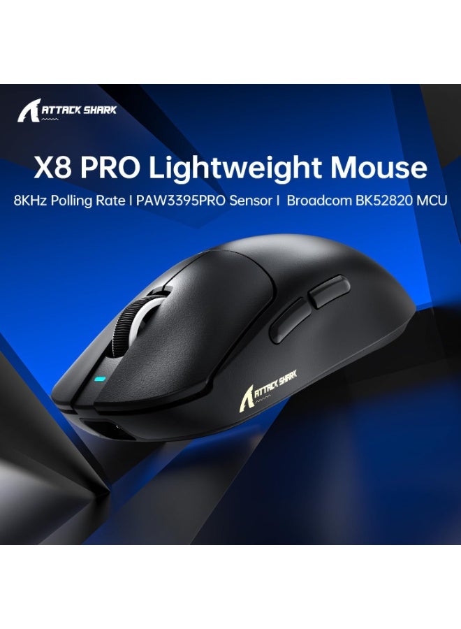 هجوم القرش ماوس X8PRO 8K مع شريط قبضة لليد الكبيرة، 55 جرامًا فائق الخفة، مستشعر ألعاب PixArt PAW3395PRO، BT/2.4G لاسلكي/سلكي، 6 نقاط في البوصة قابلة للتعديل حتى 40000، بطارية 500 مللي أمبير في الساعة - أسود - Image 5