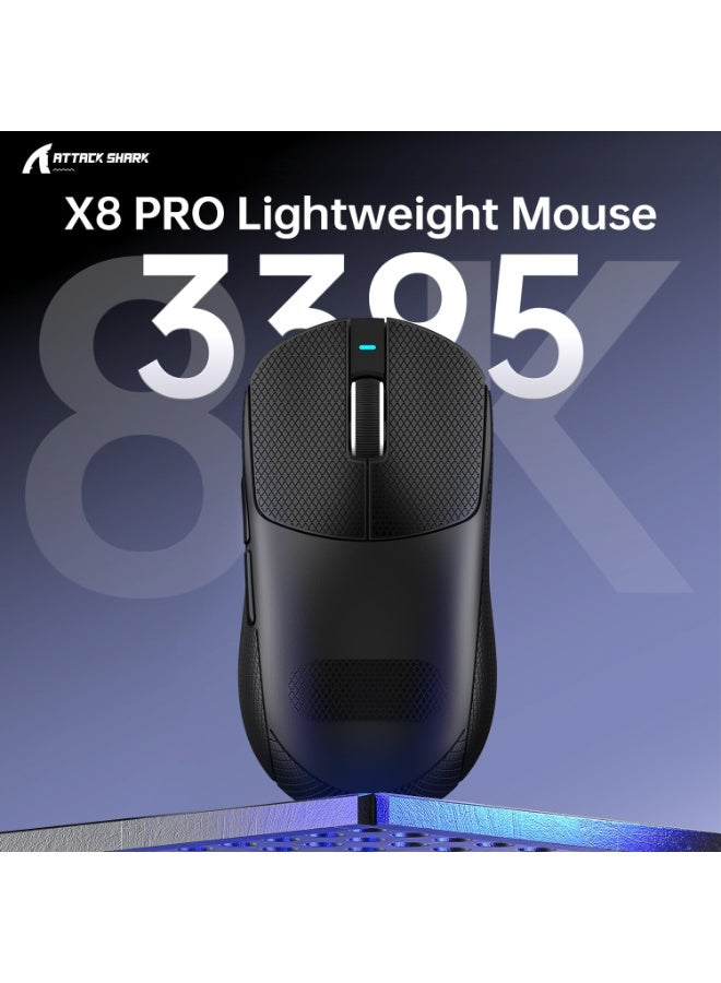 هجوم القرش ماوس X8PRO 8K مع شريط قبضة لليد الكبيرة، 55 جرامًا فائق الخفة، مستشعر ألعاب PixArt PAW3395PRO، BT/2.4G لاسلكي/سلكي، 6 نقاط في البوصة قابلة للتعديل حتى 40000، بطارية 500 مللي أمبير في الساعة - أسود - Image 3