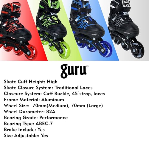 GURU Inline Skates, Inline Skates 4 Wheels 70mm for Kids & Adults Medium Size in-line Skates - Size 32-35 Euro (Black) - Image 5
