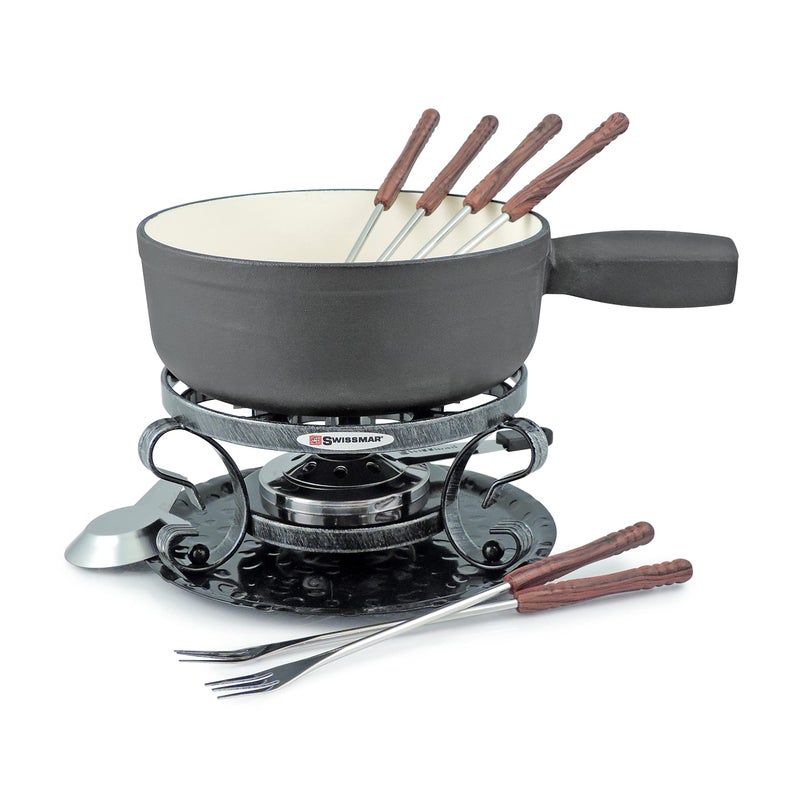 Swissmar Swissmar Lugano Cast Iron Cheese Fondue Set 9Piece 2 QT  2 L  Ideal for Melting Cheese Chocolates Caramel  More  Perfect for Kitchen Collection  Gift Giving  Matte Black 