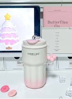 Goom Stainless Steel Tumbler, 18oz Tumbler with Lid and Straw, 18/10 Spill Proof Insulated Water Bottle with Flip Lid and Straw Mouth Rotary Lock, White&Pink  - Image 2