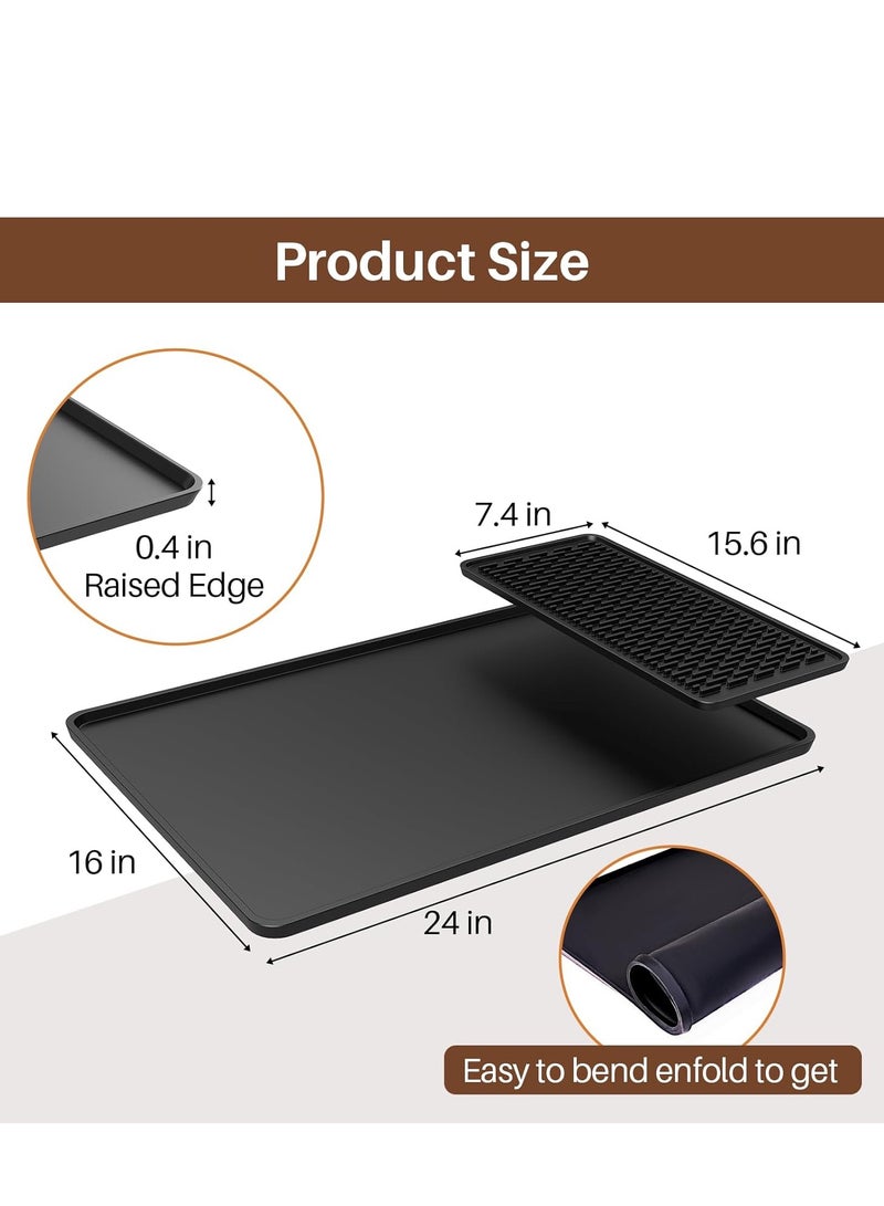 2 PCs Silicone Coffee Mat with Raised Edge, 60cmx40cm and 40cmx19cm Coffee Bar Mat with Drink Coasters Set, Coffee Bar Accessories Fit Under Coffee Maker Espresso Machine, Dish Drying Mat  - Image 2