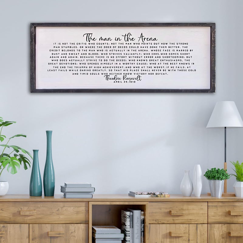 Surfapans The Man In The Arena Wall Decor 32"x12" Morden Office Motivational Wood Framed Sign For Men Large Farmhouse Living Room Inspirational Quotes Positive Speech Home Wall Decoration (Black) - Image 1
