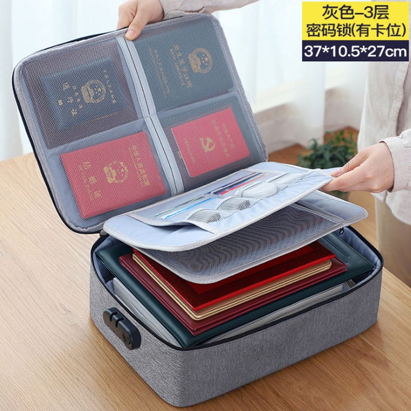 Document storage bag multi-layer large capacity storage bag family document archive storage box passport holder document bag wholesale Gray 3 layers with lock - Image 1