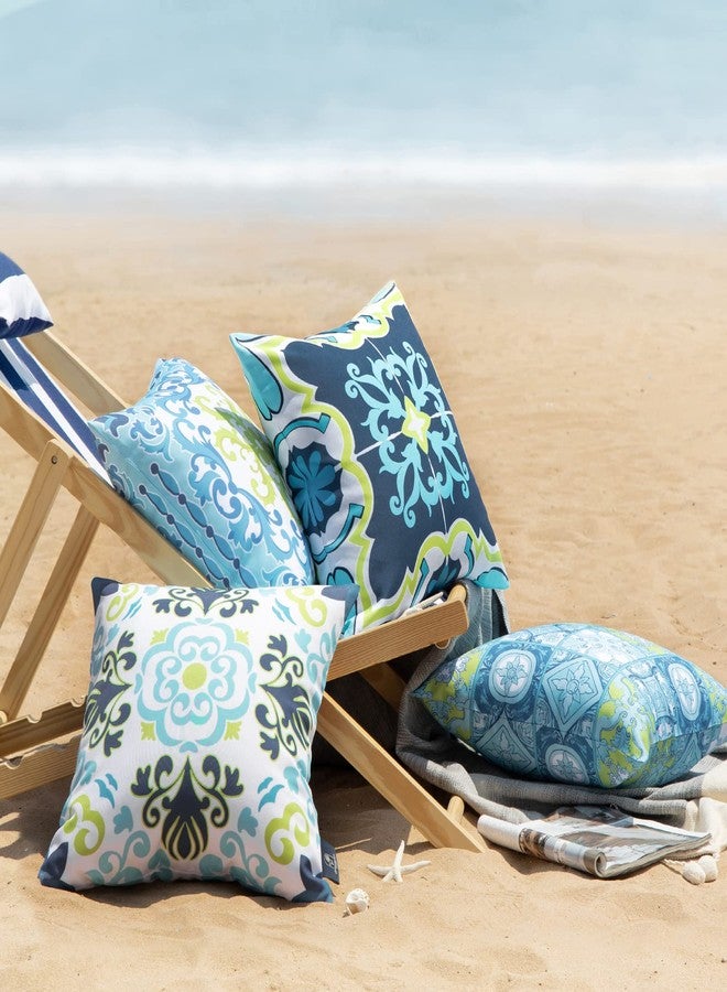 Phantoscope Set of 4 Outdoor Waterproof Throw Pillow Covers,Geometric, Decorative Boho Farmhouse Outdoor Pillows Cushion Case for Home Patio Furnitures Tent Sunbrella, Blue and Green 18x18 Inches - Image 2