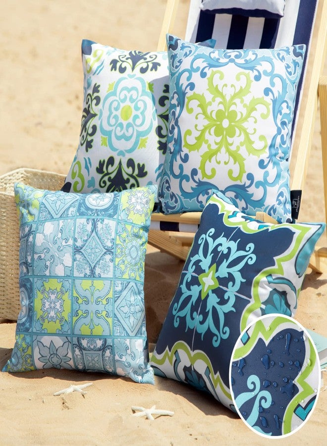 Phantoscope Set of 4 Outdoor Waterproof Throw Pillow Covers,Geometric, Decorative Boho Farmhouse Outdoor Pillows Cushion Case for Home Patio Furnitures Tent Sunbrella, Blue and Green 18x18 Inches - Image 1