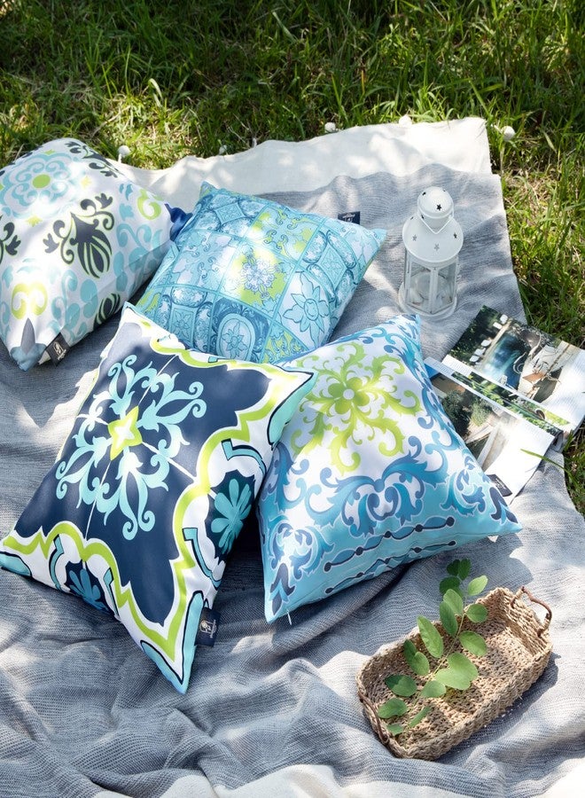 Phantoscope Set of 4 Outdoor Waterproof Throw Pillow Covers,Geometric, Decorative Boho Farmhouse Outdoor Pillows Cushion Case for Home Patio Furnitures Tent Sunbrella, Blue and Green 18x18 Inches - Image 3