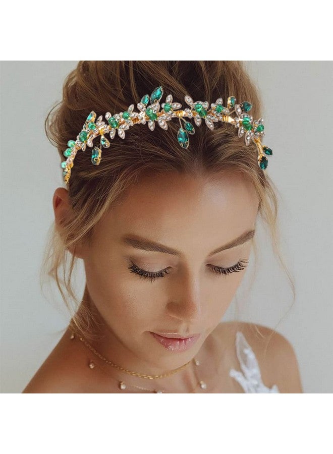 JEAIRTS Eairts Green Rhinestone Headband Gold Leaf Wedding Headpiece Bridal Crystal Hair Pieces Beaded Hair Hoop Glitter Bride Hair Accessories For Women And Girls - Image 1