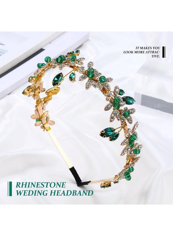 JEAIRTS Eairts Green Rhinestone Headband Gold Leaf Wedding Headpiece Bridal Crystal Hair Pieces Beaded Hair Hoop Glitter Bride Hair Accessories For Women And Girls - Image 3