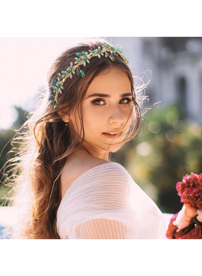 JEAIRTS Eairts Green Rhinestone Headband Gold Leaf Wedding Headpiece Bridal Crystal Hair Pieces Beaded Hair Hoop Glitter Bride Hair Accessories For Women And Girls - Image 5