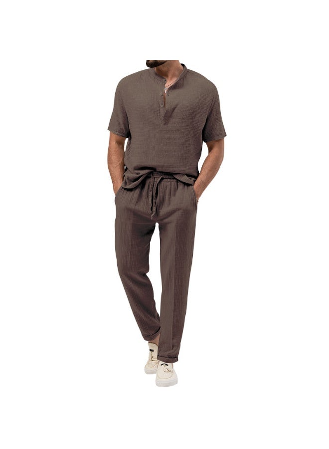 Men's Casual Pure Color T-Shirt Short Sleeve Shirt Pants Set Thin Summer - Image 1