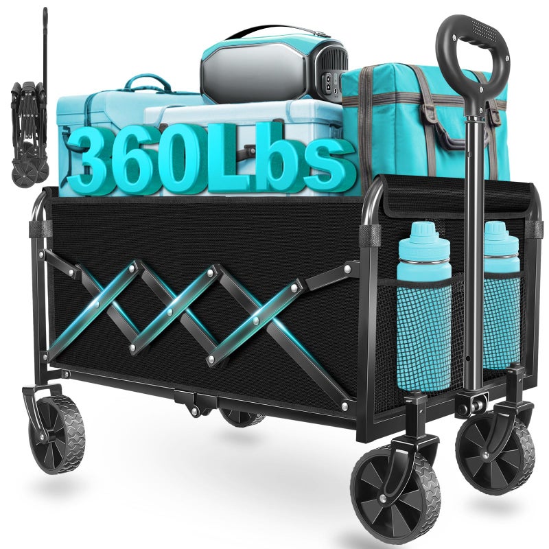 ARTIST'S DREAM Wagons Carts Foldable, Collapsible Wagon with Wheels â€” Foldable Wagon for Groceries,Picnic,Beach,Camping, Small Hauls, Apartment Moving Storage, Portable Utility Folding Wagon Cart, 360lbs,Jet Black - Image 1