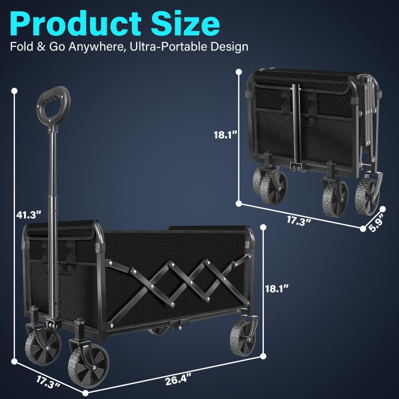 ARTIST'S DREAM Wagons Carts Foldable, Collapsible Wagon with Wheels â€” Foldable Wagon for Groceries,Picnic,Beach,Camping, Small Hauls, Apartment Moving Storage, Portable Utility Folding Wagon Cart, 360lbs,Jet Black - Image 2