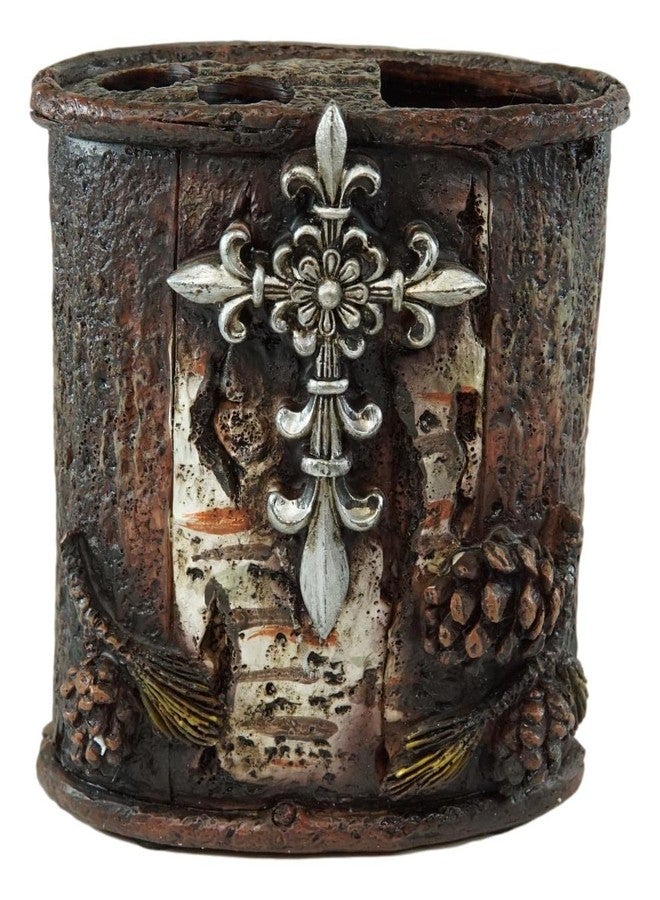 Ebros Gift Rustic Southwestern Inspirational Le Fleur Cross with Birch and Pinecones Bathroom Accessory Resin Sculpture Fleur De Lis Accent (Tumbler Cup, Soap Dish and Toothbrush Holder Set of 3) - Image 3