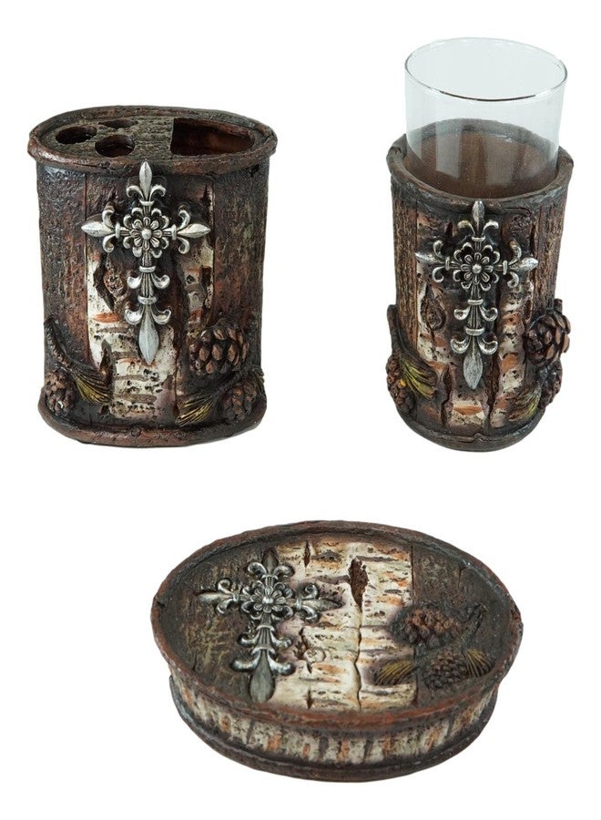 Ebros Gift Rustic Southwestern Inspirational Le Fleur Cross with Birch and Pinecones Bathroom Accessory Resin Sculpture Fleur De Lis Accent (Tumbler Cup, Soap Dish and Toothbrush Holder Set of 3) - Image 2