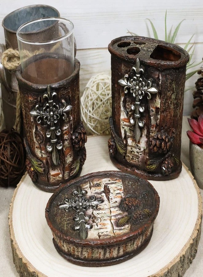 Ebros Gift Rustic Southwestern Inspirational Le Fleur Cross with Birch and Pinecones Bathroom Accessory Resin Sculpture Fleur De Lis Accent (Tumbler Cup, Soap Dish and Toothbrush Holder Set of 3) - Image 1