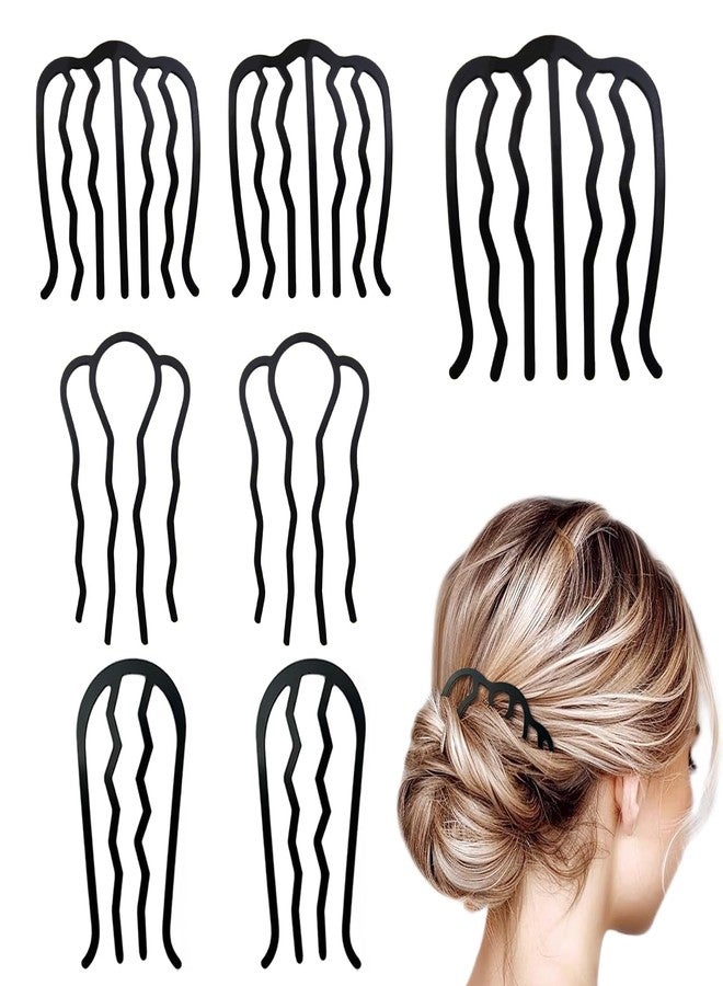 Obtheleg 7pcs Metal Hair Side Combs, 4/7 Teeth U-Shape Twist Combs, Fork Clip Pins Sticks for Women, French Twist Updo and Bun Vintage Hairstyle, Hair Styling Tool Accessories (Black) - Image 1