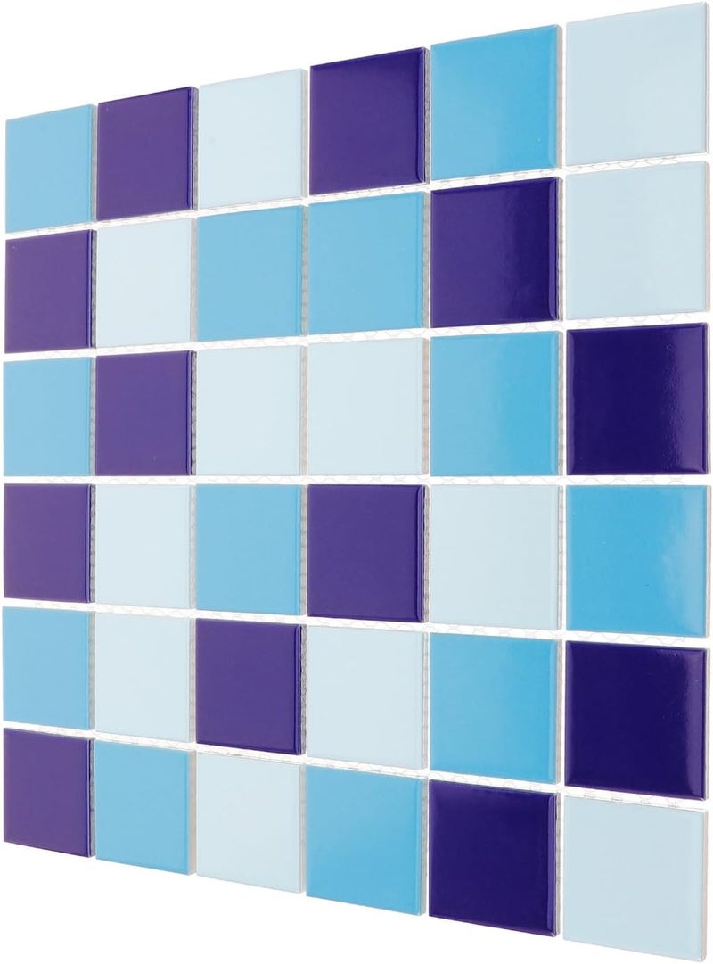 COHEALI Ceramic Tiles Mosaic Pattern Waterproof Glossy Glaze Seamless Wall Tiles for Swimming Pool Kitchen Backsplash Bathroom Decor, 1 Sheet with Light and Dark Blue Tones - Image 1