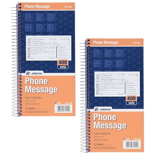 Adams Phone Message Book, 5.25 x 11 Inch, Spiral Bound, 2-Part, Carbonless, 4 Messages per Page, 400 Sets, 2-Pack, White and Canary (S1154-2D) - Image 1