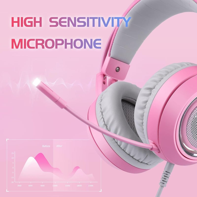 Somic G951pink Gaming Headset for PC, PS4, PS5, Laptop, Cat Ear Headphone USB Gaming Headphones with Mic Noise Cancelling, LED Light, 7.1 Virtual Surround Sound for Girls, Women - Image 4