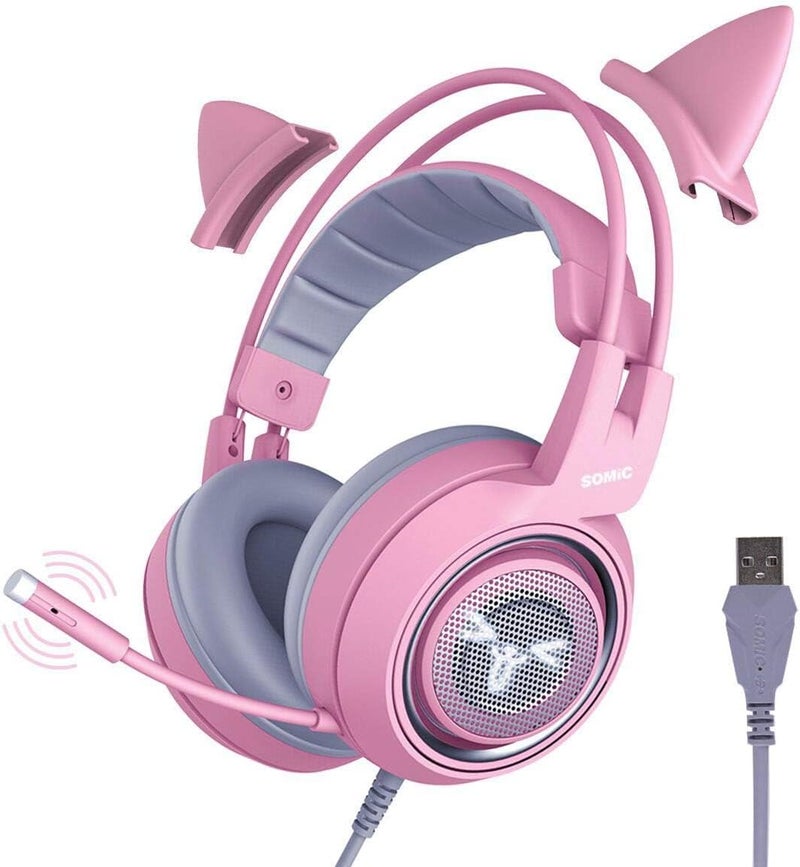 Somic G951pink Gaming Headset for PC, PS4, PS5, Laptop, Cat Ear Headphone USB Gaming Headphones with Mic Noise Cancelling, LED Light, 7.1 Virtual Surround Sound for Girls, Women - Image 1