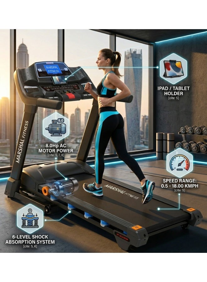 Marshal Fitness 8.0HP AC Motorized Treadmill With USB & MP3 - User Weight: 160KGs - Image 1