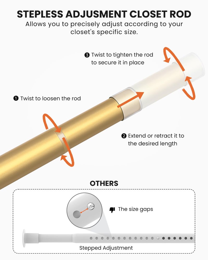 Supforce Closet Rods for Hanging Clothes, 17 to 54 Inches Stepless Adjustable Metal Closet Rod, 1.3 Inches Heavy Duty Clothes Hanging Rod for Closet Wardrobes Laundry RV, Golden - Image 3
