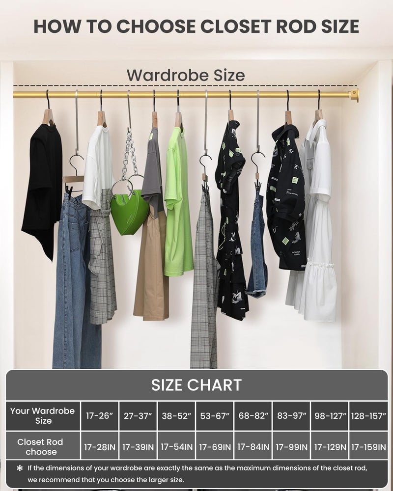 Supforce Closet Rods for Hanging Clothes, 17 to 54 Inches Stepless Adjustable Metal Closet Rod, 1.3 Inches Heavy Duty Clothes Hanging Rod for Closet Wardrobes Laundry RV, Golden - Image 5