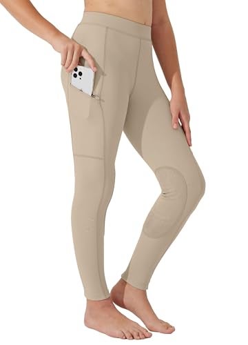 Willit Girls Horse Riding Pants Tights Kids Equestrian Breeches Knee-Patch Youth Schooling Tights Zipper Pockets Khaki L - Image 1