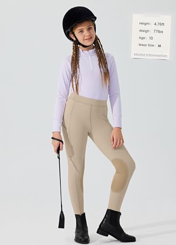 Willit Girls Horse Riding Pants Tights Kids Equestrian Breeches Knee-Patch Youth Schooling Tights Zipper Pockets Khaki L - Image 5