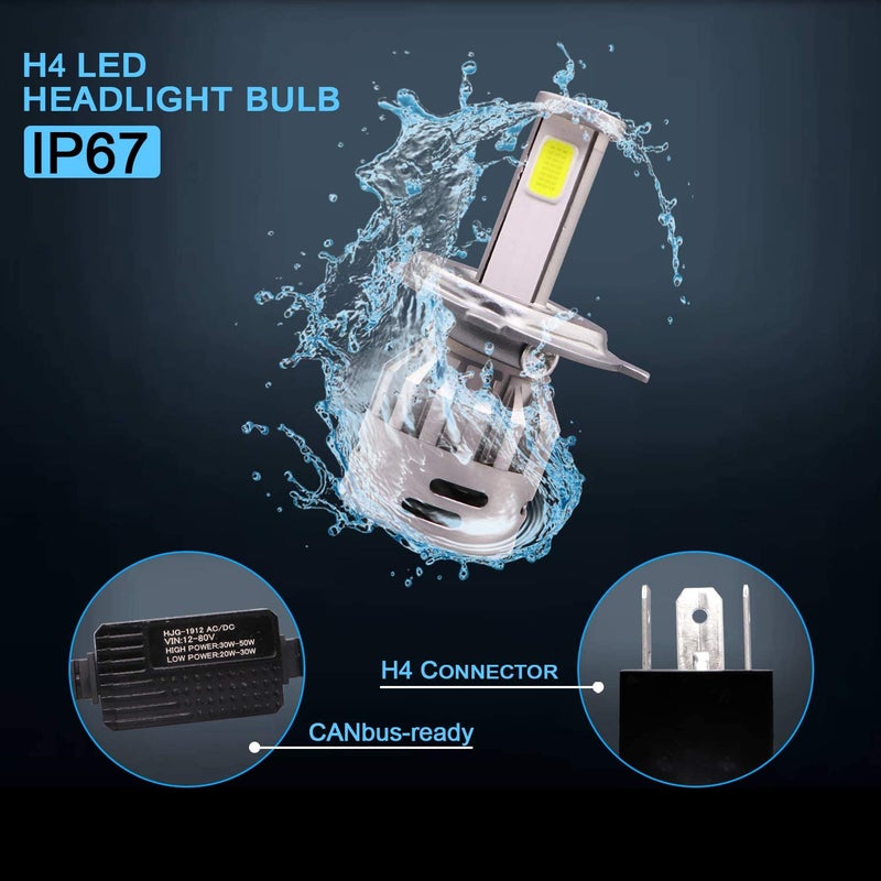 Pivalo مصباح أمامي LED H4 PV2BHT1 مع مروحة تبريد طاقة عالية 30-50 واط / طاقة منخفضة 20-30 واط، مجموعة تحويل 12-80 فولت للدراجات والسيارات وSUV والدراجات النارية (1 قطعة، أبيض) - Image 3