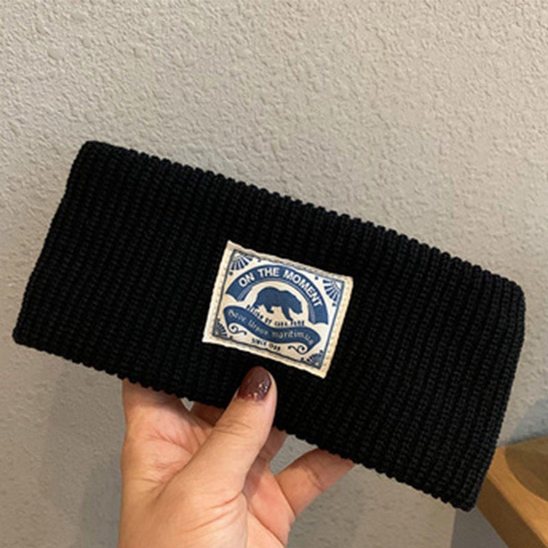 Generic ins All-match Woolen Hair Band Solid Color Headband Sports Knitted Wide Side Hair Band Korean Polar Bear Patch Hair Band Black