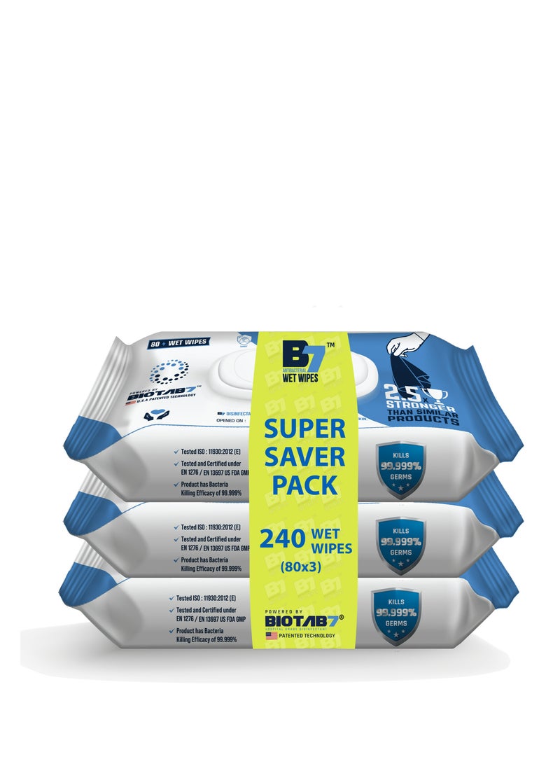 Generic B7® Pack Of 3 (80×3) Antibacterial Wipes for Kids, Skin, Pets, Personal Hygiene, Surface, and Devices. Pure Water-Based  Kills 99.999% of Germs in 60 Seconds.  - Image 1