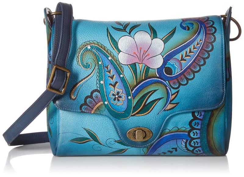 Anna by Anuschka Women’s Genuine Leather Flap-Over Medium Shoulder Bag | Hand Painted Original Artwork | Chic & Stylish Organizer | Denim Paisley - Image 1