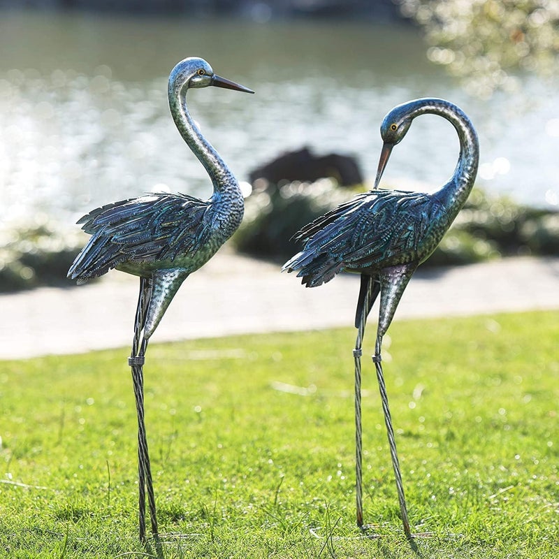 Kircust Garden Crane Statue for Outdoor Blue Heron Decoy Garden Sculptures and Statues Metal Bird Yard Art for Lawn Patio Decor Set of 2