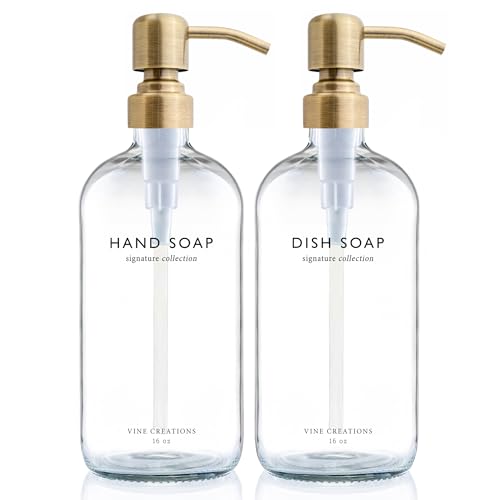 Vine Creations Clear Glass Soap Dispenser Set Dish Soap and Hand Soap Dispenser Set with Stainless Steel Pump 16 oz Glass Dispensers for Kitchen Bathroom Decor Clear BottleBrushed Brass Pump - Image 1