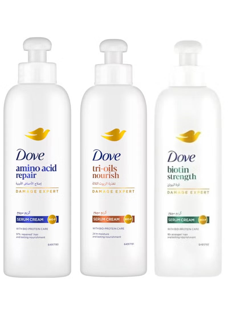 دوف كريم سيروم للشعر تغذية الزيوت الثلاثة 200مل & كريم سيروم للشعر قوة البيوتين 200 مل & كريم سيروم دوف لإصلاح الشعر بالأحماض الأمينية 200 مل