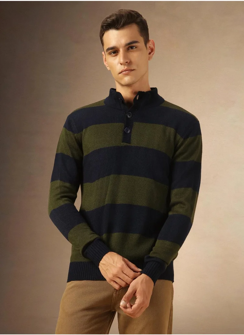 Dennis Lingo Men's Navy 100% Acrylic Striped Regular Fit Sweater