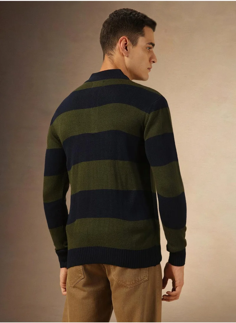 Dennis Lingo Men's Navy 100% Acrylic Striped Regular Fit Sweater
