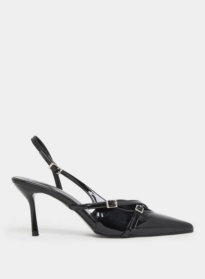 ستايلي حذاء جلد أسود بسير خلفي وإبزيم