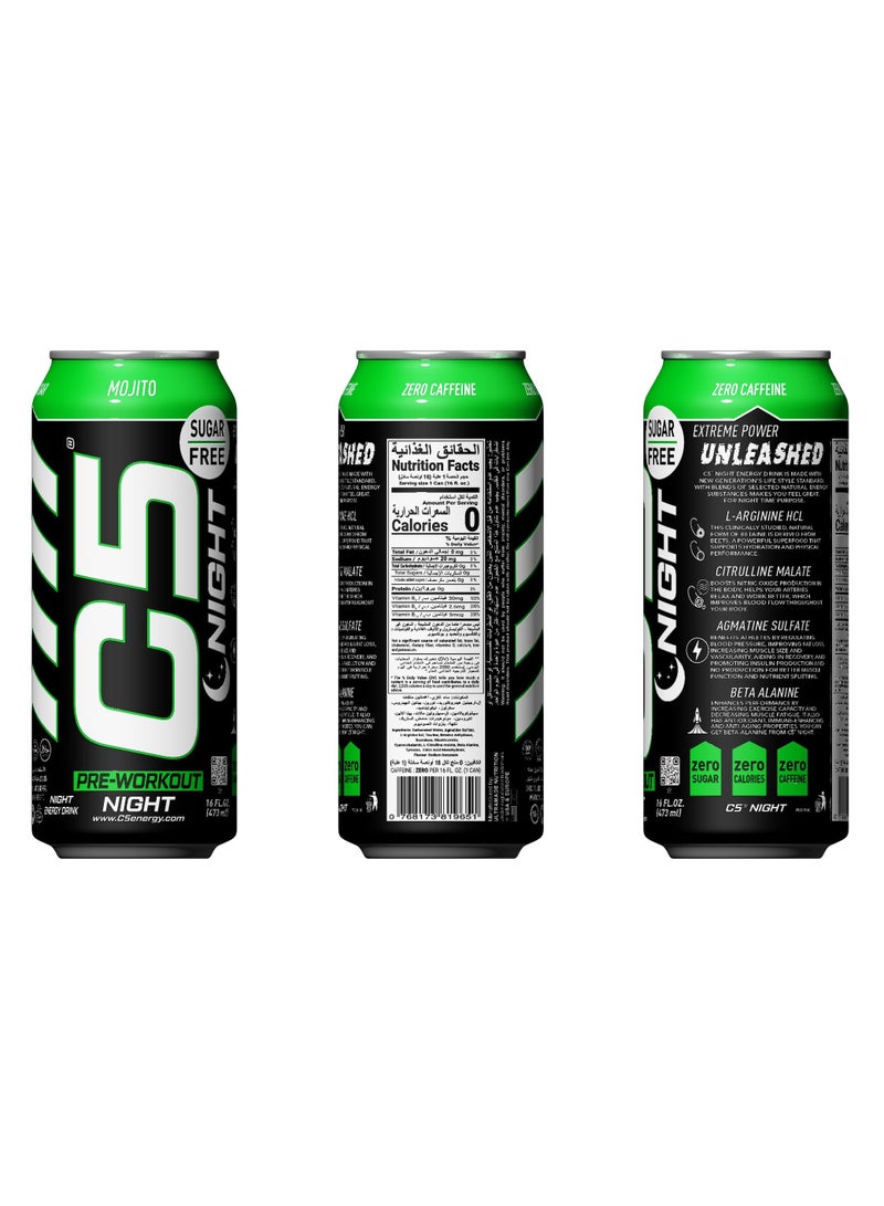 C5 Energy Drink Night Mojito, Pre Workout, Zero Caffeine, Sugar Free, Zero Calories with Beta Alanine, L-Arginine 16fl.OZ, 473ml Caffeine Free Preworkout Pack of 12