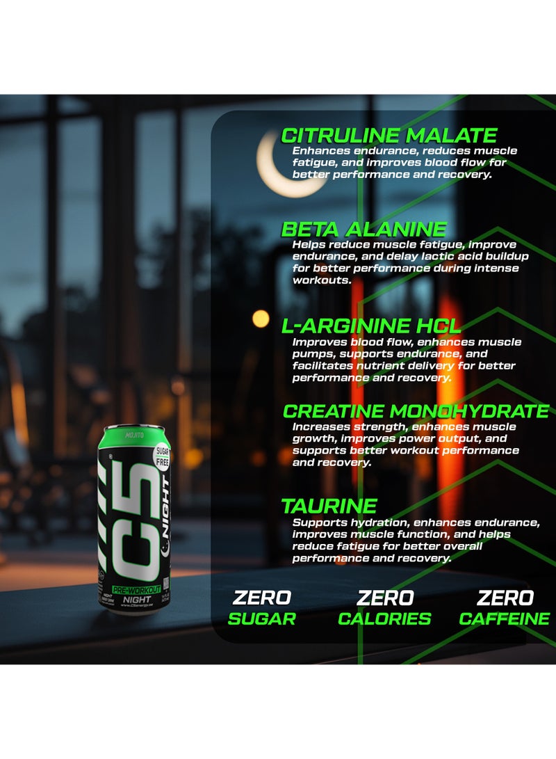 C5 Energy Drink Night Mojito, Pre Workout, Zero Caffeine, Sugar Free, Zero Calories with Beta Alanine, L-Arginine 16fl.OZ, 473ml Caffeine Free Preworkout Pack of 12