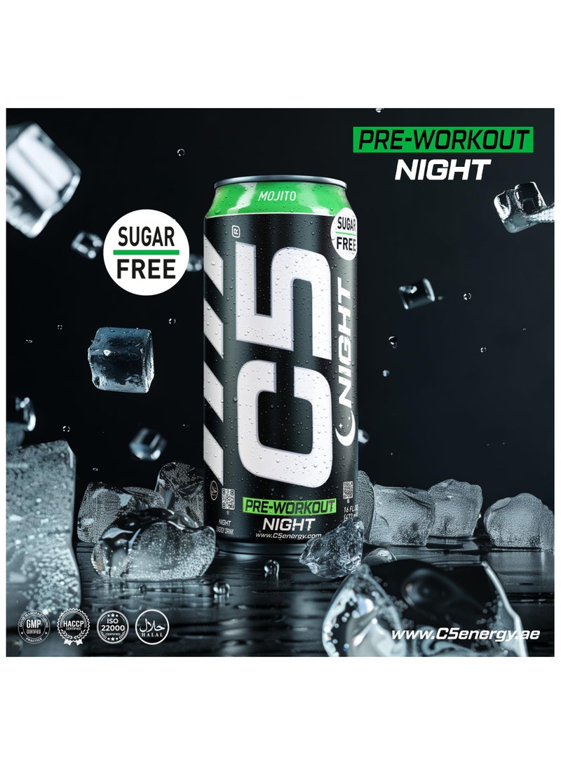 C5 Energy Drink Night Mojito, Pre Workout, Zero Caffeine, Sugar Free, Zero Calories with Beta Alanine, L-Arginine 16fl.OZ, 473ml Caffeine Free Preworkout Pack of 12